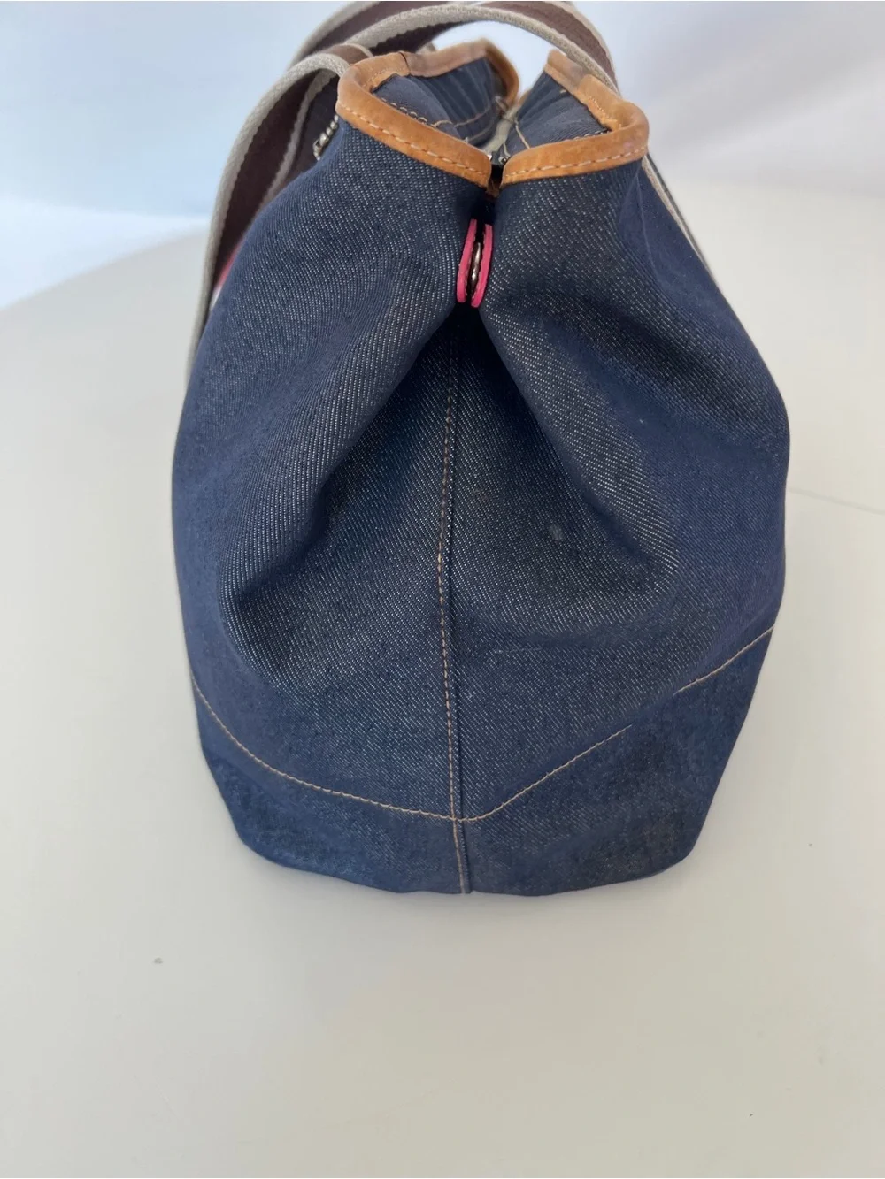 Coach Vintage Y2K Denim Varsity Stripe Large Denim Tote Bag Leather Trim 3K-7544